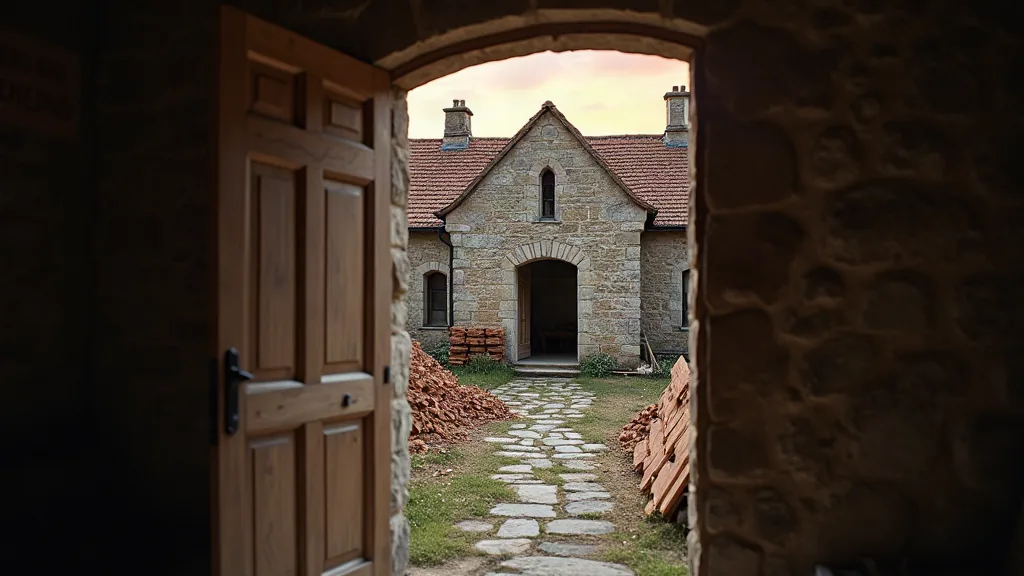 Vue depuis l'intérieur d'un gîte rural vers un chantier de rénovation au crépuscule