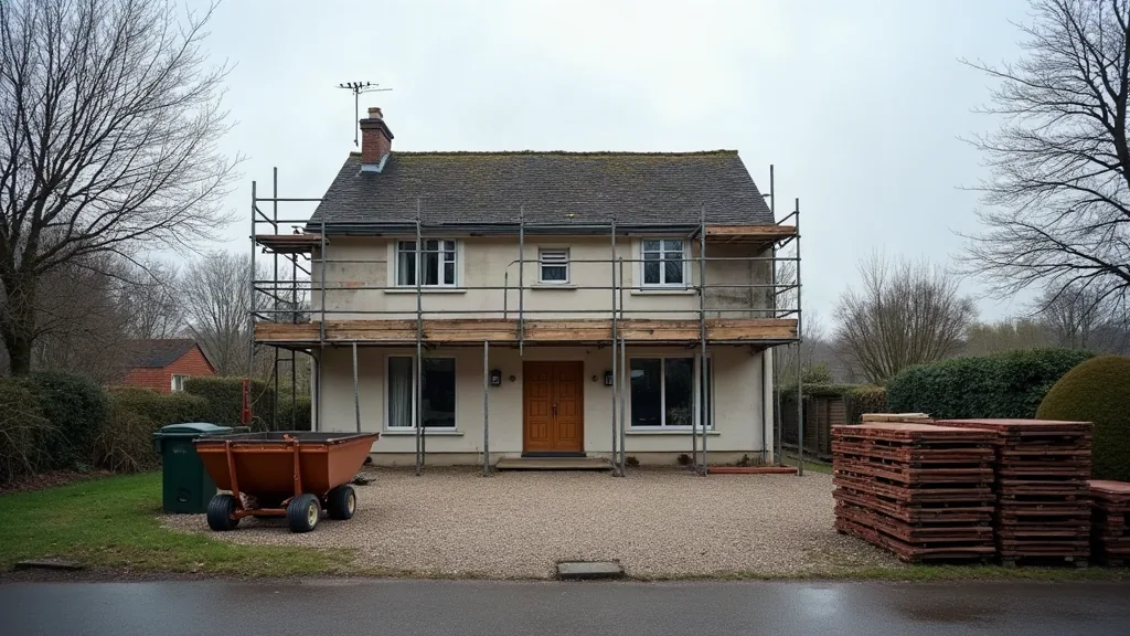 Mon frère veut acheter la maison de mes parents : que faire ? Maison familiale avec échafaudage en cours de rénovation sous un ciel couvert