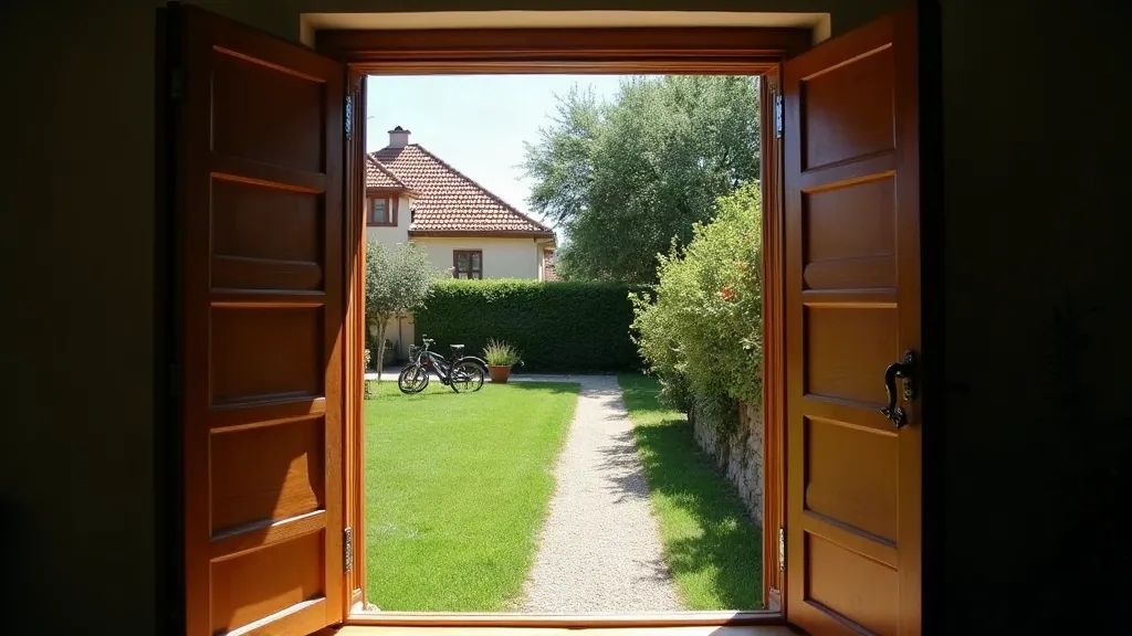 Vue depuis l'intérieur d'une maison sur un jardin résidentiel calme à Romans-sur-Isère